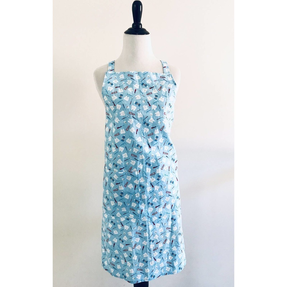 Handmade Apron Blue Dentist Medical Protective Cover Self Tied Pocket Cotton
